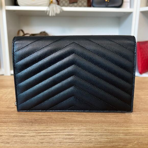 Saint Laurent YSL Grain De Poudre Matelasse Chevron Envelope Chain Wallet Black - Picture 3 of 13